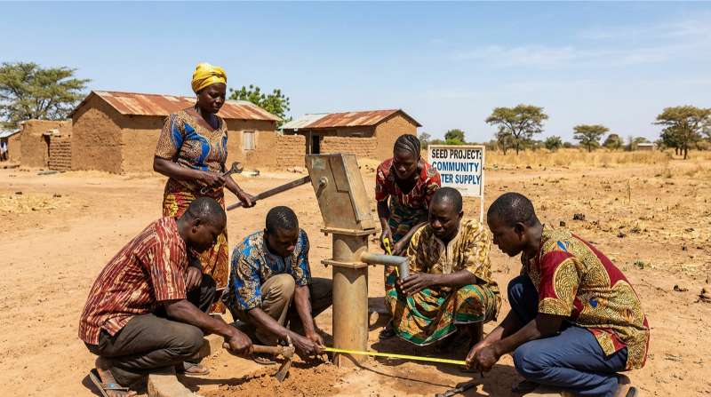 Local church members repairing a borehole as a Seed Project in northern Ghana