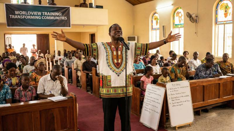 Pastor sharing breakthrough testimony after worldview training in West Africa